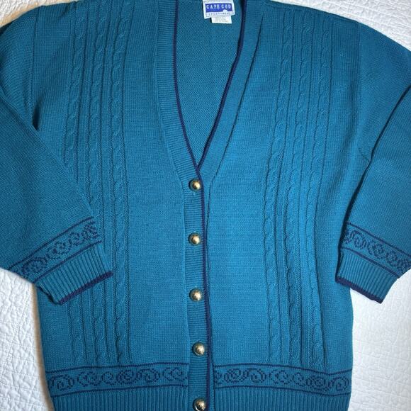 VTG 80/90s Cape Cod Sportswear Teal Knit Cardigan Sweater Womans M Gold Buttons - Picture 2 of 8